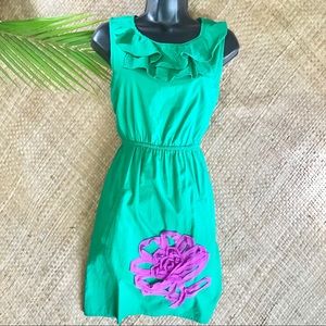 Bright green spring summer dress ruffled neckline